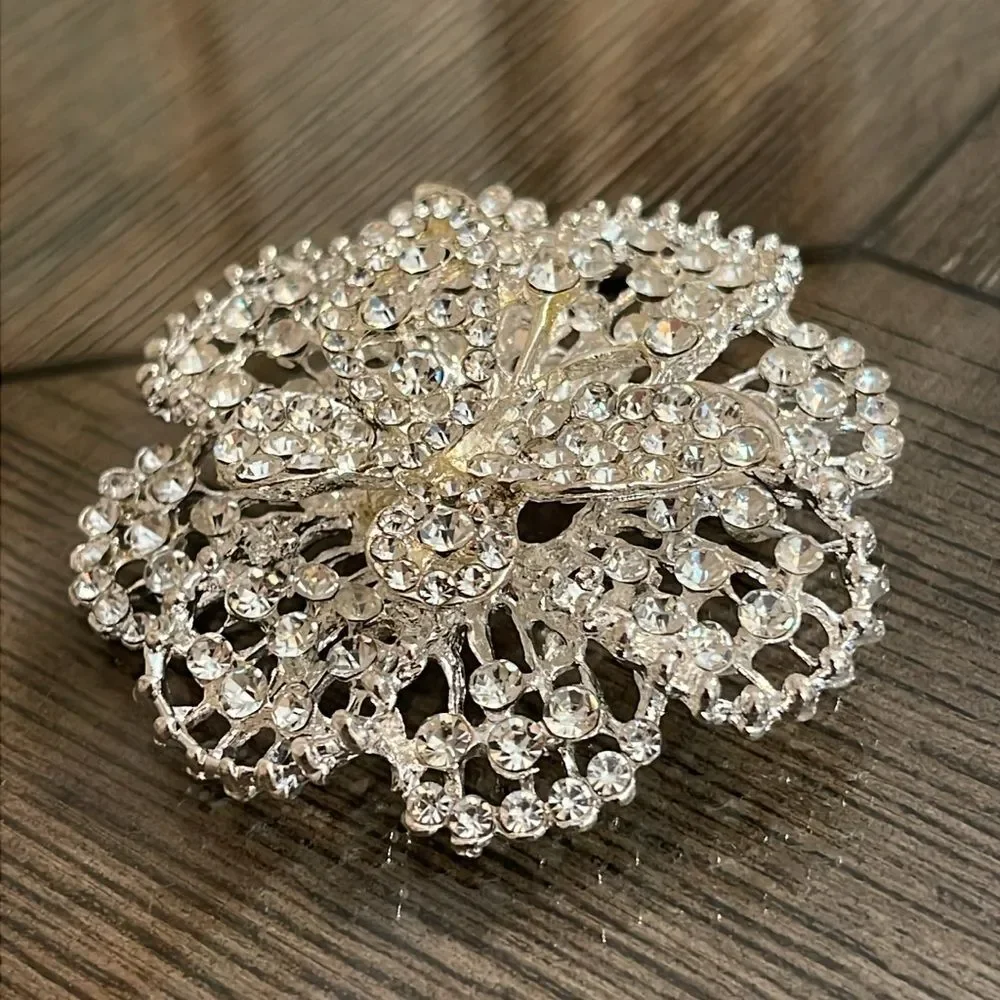 Vintage Style Rhinestone Brooch Flower Shape with a Butterfly in the Middle